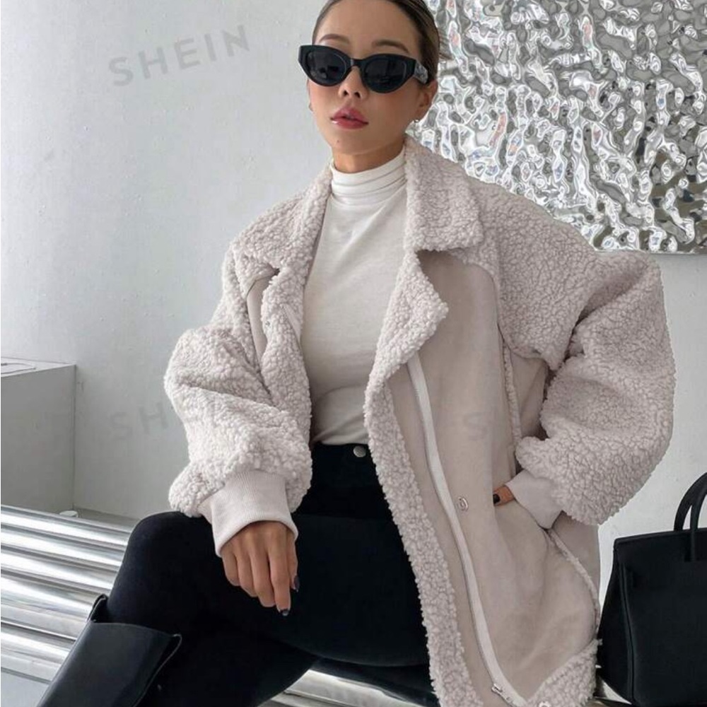 DAZY Lapel Neck Raglan Sleeve Teddy Coat